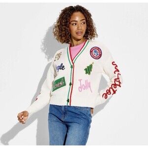 Women's Holiday Patchwork Festive Graphic Cardigan Size Small  NEW VIRAL RARE